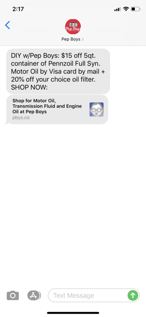 Pep Boys Text Message Marketing Example - 07.17.2020