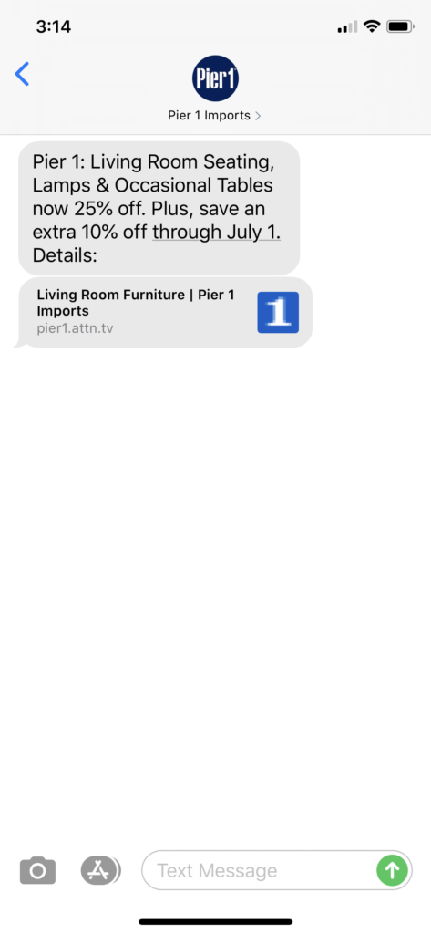 Pier 1 Imports Text Message Marketing Example - 06.26.2020