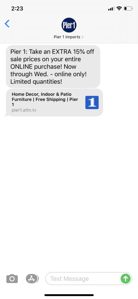 Pier 1 Imports Text Message Marketing Example - 07.12.2020