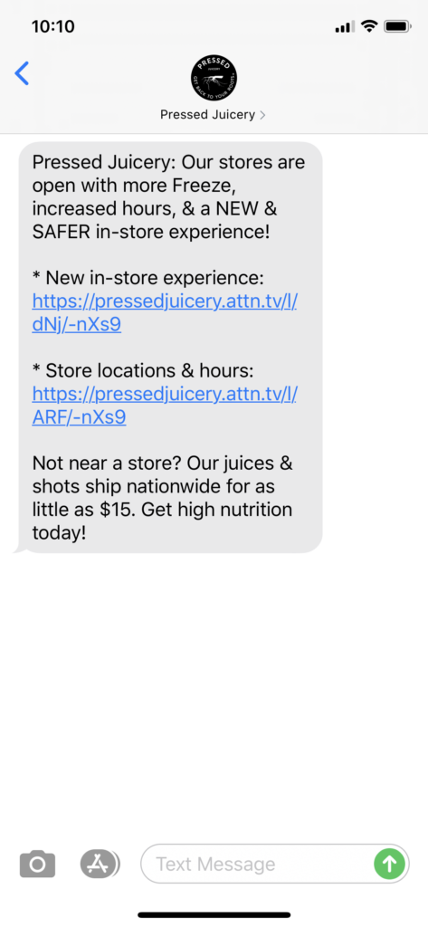 Pressed Juicery Text Message Marketing Example - 06.23.2020