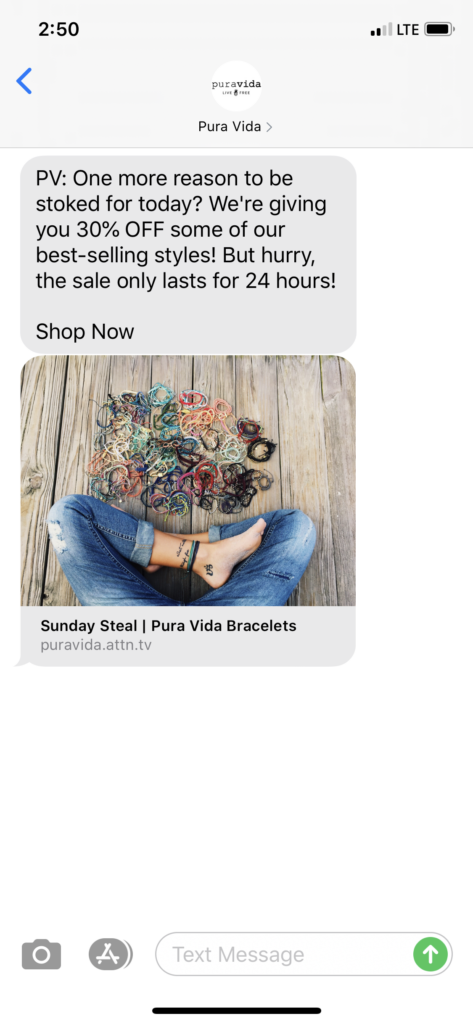 Pura Vida Text Message Marketing Example - 06.28.2020