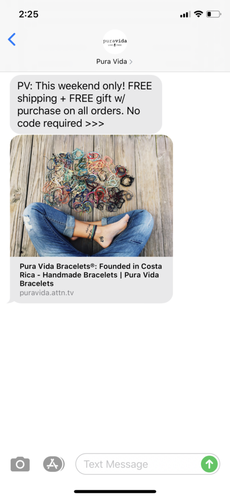Pura Vida Text Message Marketing Example - 07.03.2020