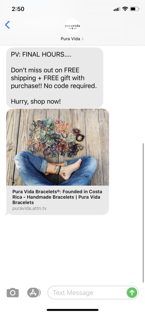 Pura Vida Text Message Marketing Example - 07.06.2020