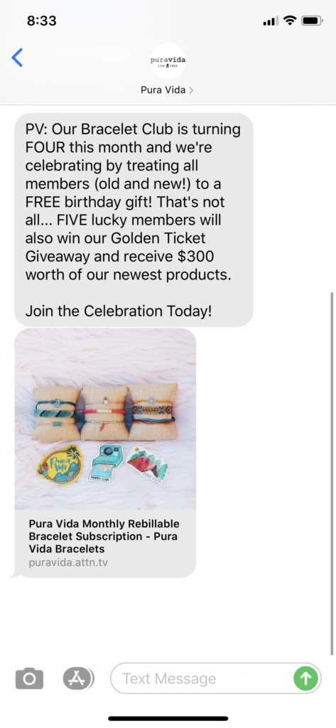 Pura Vida Text Message Marketing Example - 07.09.2020