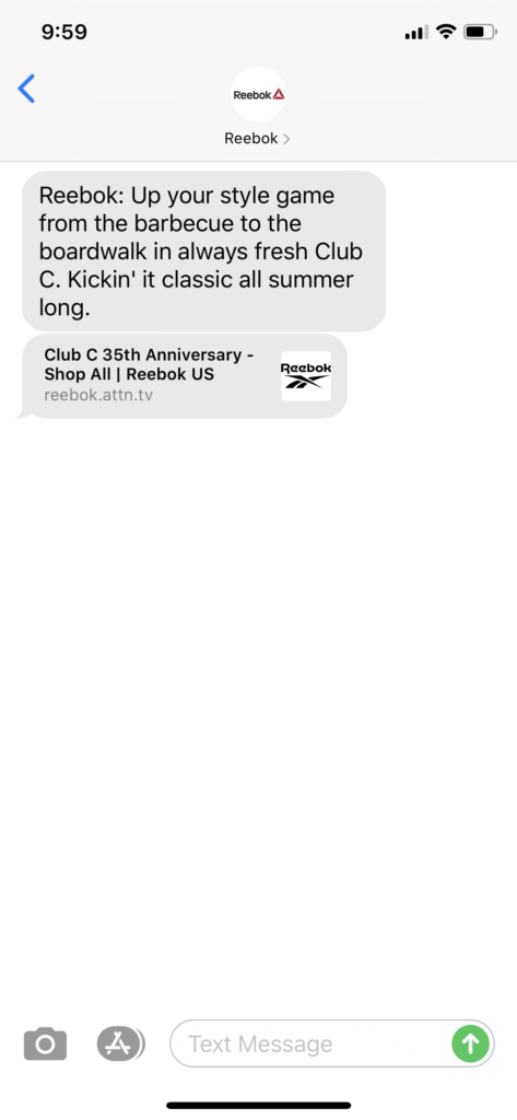 Reebok Text Message Marketing Example - 07.27.2020