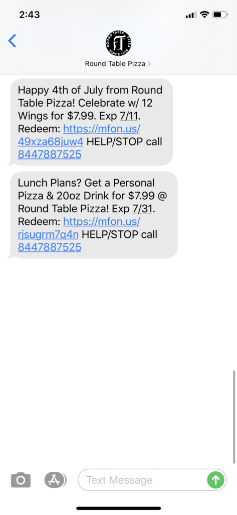Round Table Pizza Text Message Marketing Example - 07.06.2020