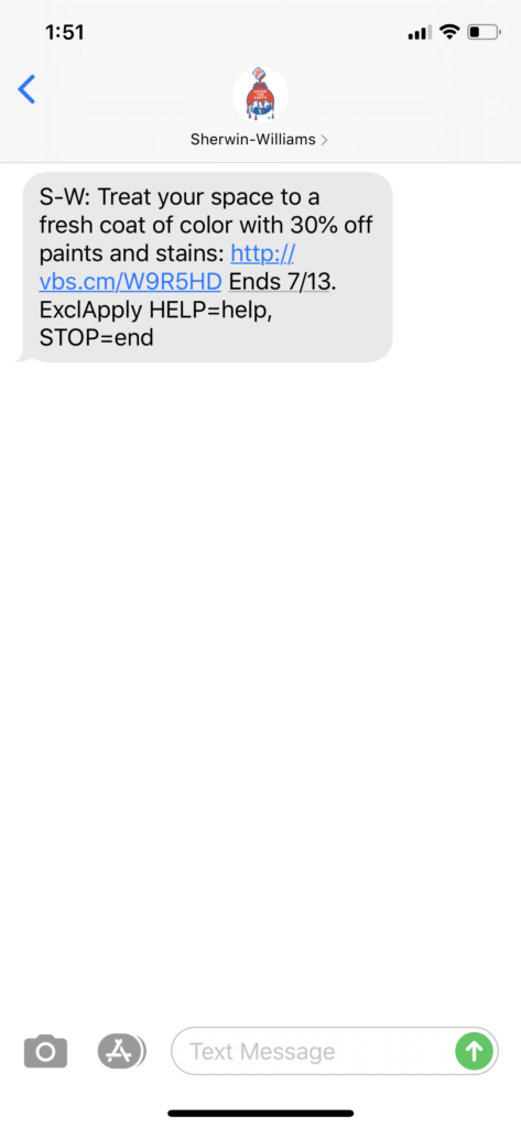 Sherwin Williams Text Message Marketing Example - 07.10.2020