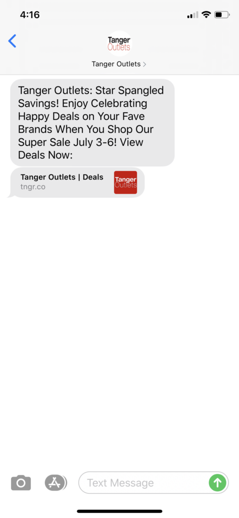 Tanger Outlets Text Message Marketing Example - 07.02.2020