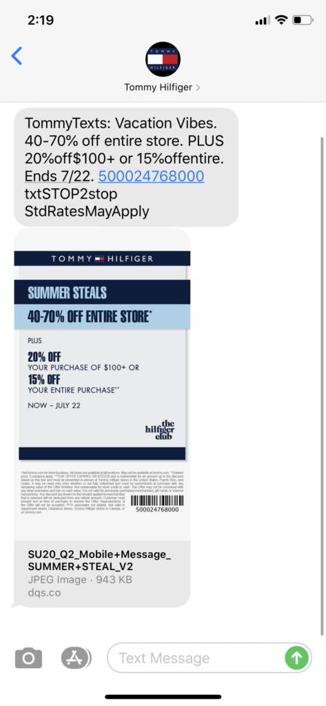 Tommy Hilfiger Text Message Marketing Example - 07.17.2020