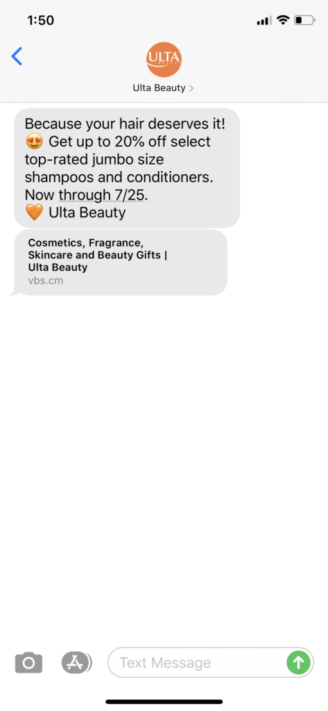 Ulta Beauty Text Message Marketing Example - 07.10.2020