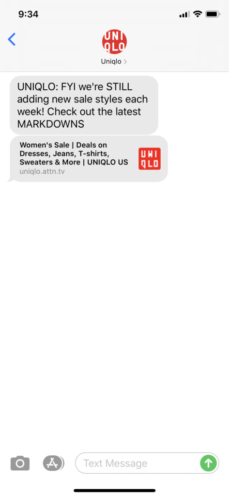 Uniqlo Text Message Marketing Example - 07.26.2020