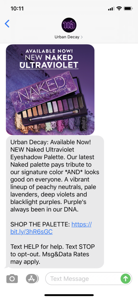 Urban Decay Text Message Marketing Example - 06.23.2020