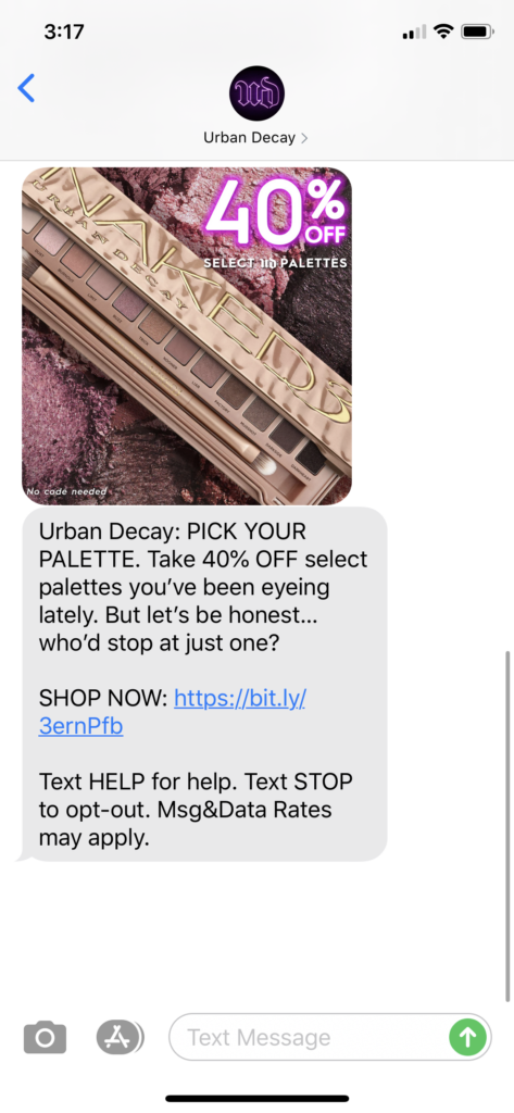 Urban Decay Text Message Marketing Example - 06.26.2020