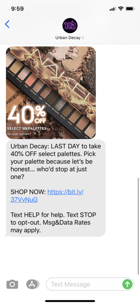 Urban Decay Text Message Marketing Example - 06.29.2020