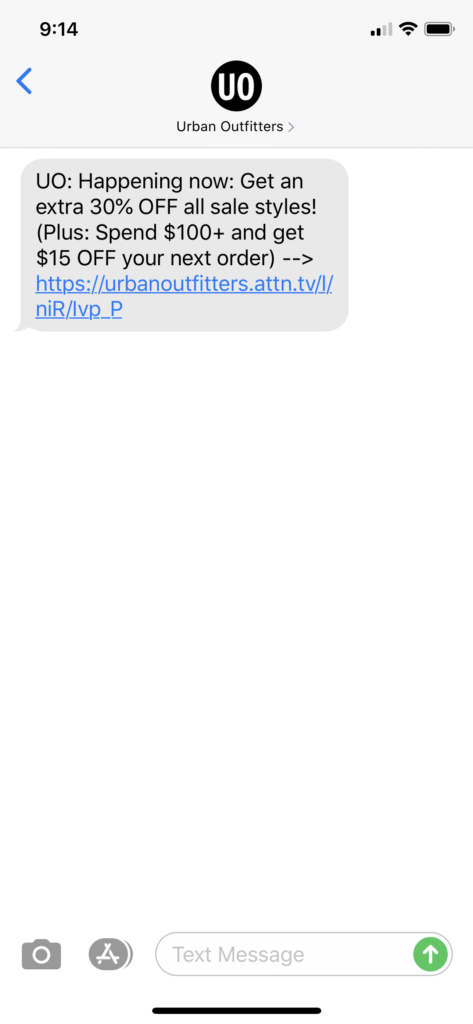 Urban Outfitters Text Message Marketing Example - 07.02.2020