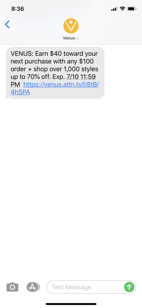 Venus Text Message Marketing Example - 07.09.2020