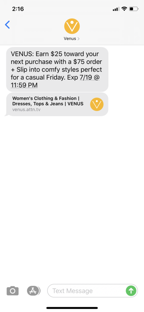 Venus Text Message Marketing Example - 07.17.2020