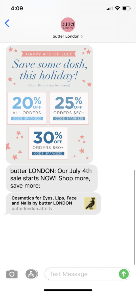 butter London Text Message Marketing Example - 07.03.2020