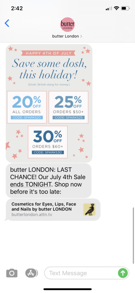 butter London Text Message Marketing Example - 07.06.2020