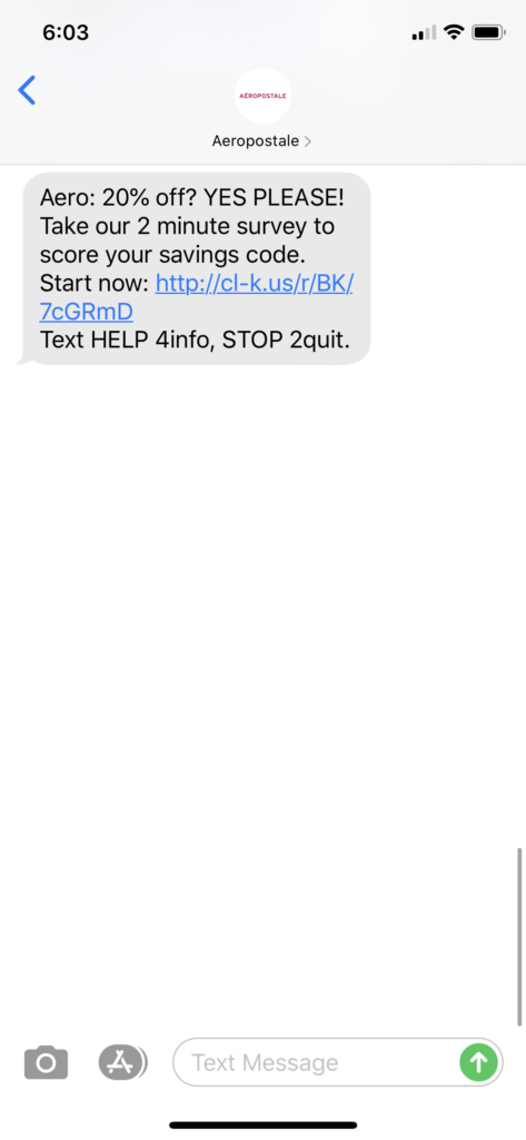 Aeropostale Text Message Marketing Example - 08.26.2020