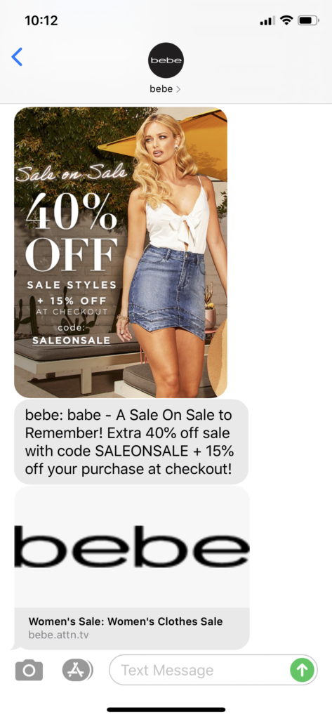 Bebe Text Message Marketing Example - 08.18.2020