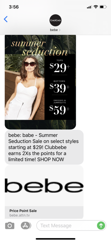 Bebe Text Message Marketing Example - 08.25.2020
