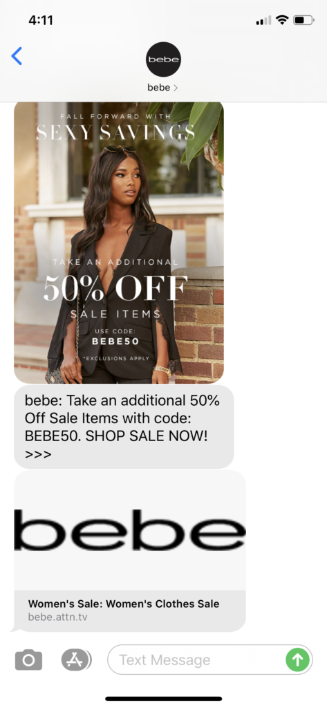 Bebe Text Message Marketing Example - 08.30.2020