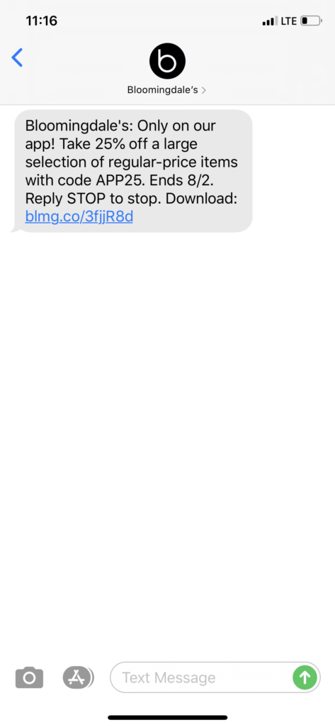 Bloomingdale’s Text Message Marketing Example - 07.31.2020