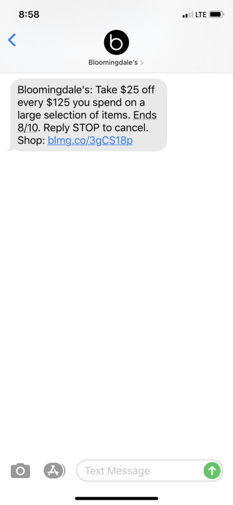 Bloomingdale’s Text Message Marketing Example - 08.04.2020