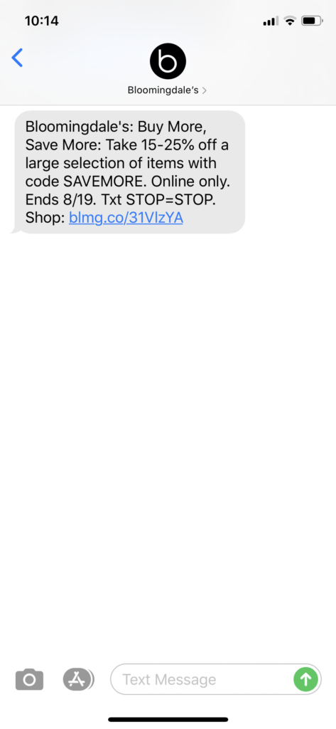Bloomingdale’s Text Message Marketing Example - 08.18.2020