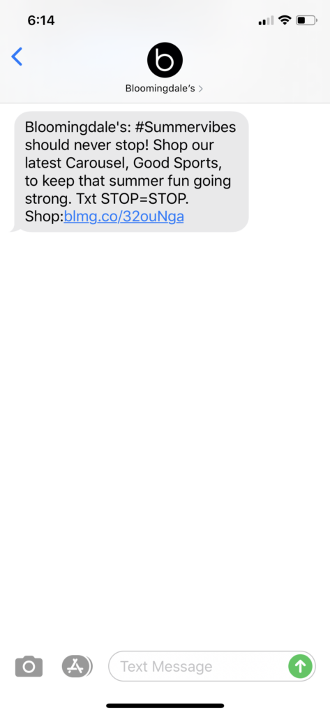 Bloomingdale’s Text Message Marketing Example - 08.27.2020