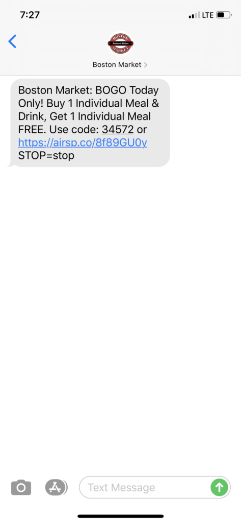Boston Market Text Message Marketing Example - 08.05.2020