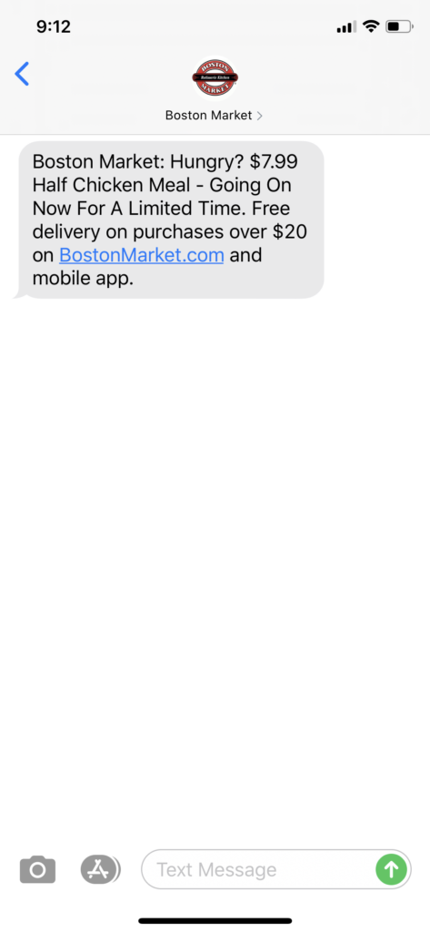 Boston Market Text Message Marketing Example - 08.10.2020