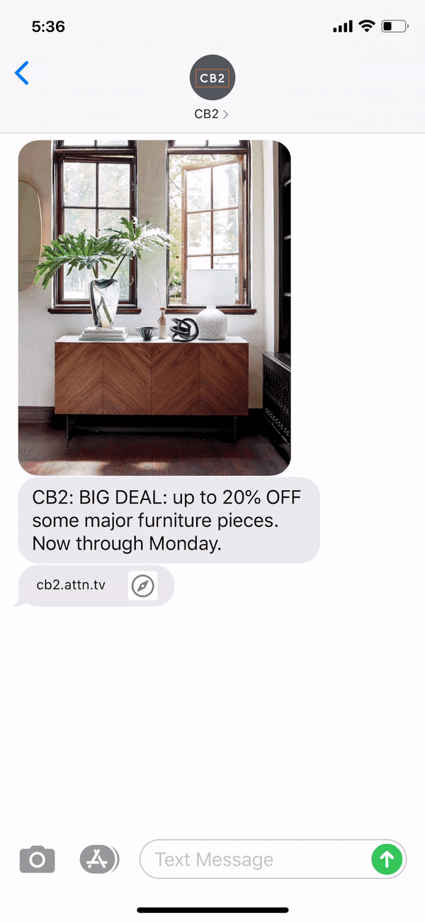 CB2 Text Message Marketing Example - 08.22.2020