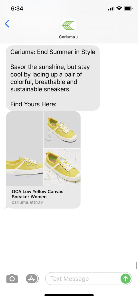 Cariuma Text Message Marketing Example - 08.20.2020