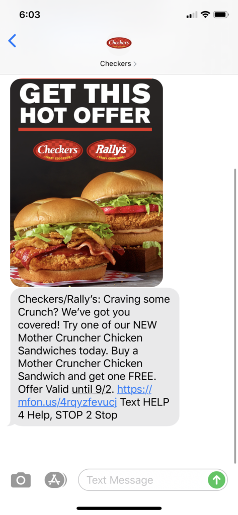 Checkers Text Message Marketing Example - 08.26.2020