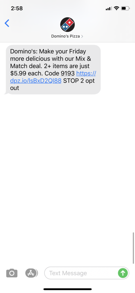 Dominos Text Message Marketing Example - 08.28.2020