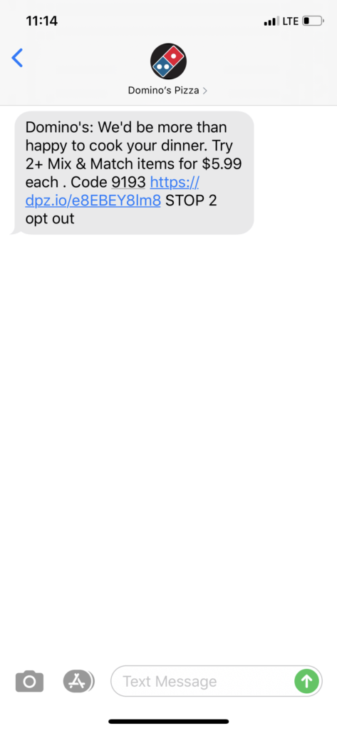 Domino’s Pizza Text Message Marketing Example - 07.31.2020