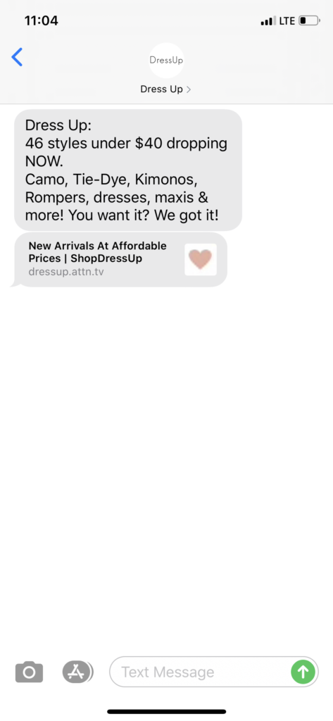 Dress Up Text Message Marketing Example - 08.01.2020