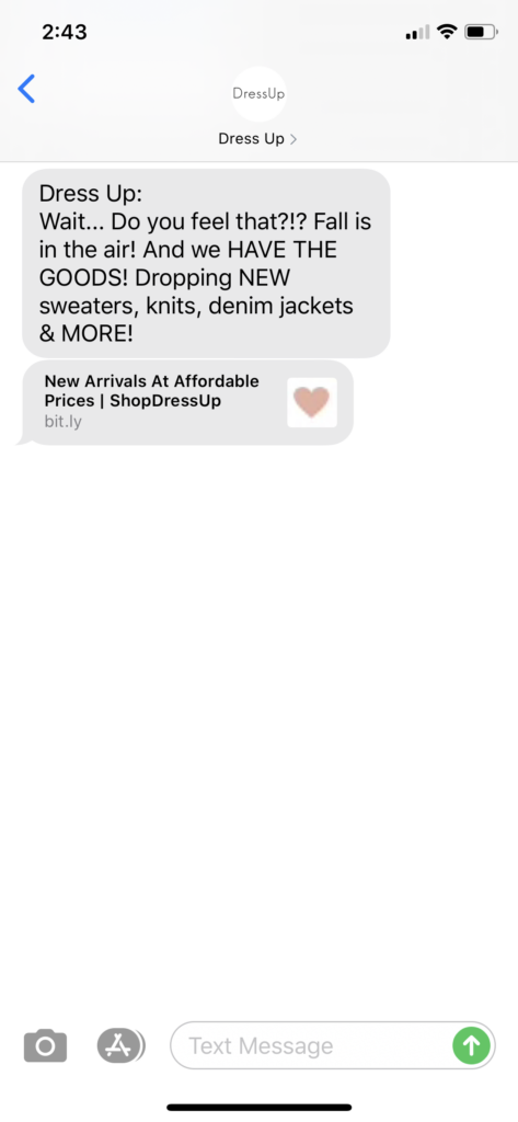 Dress Up Text Message Marketing Example - 08.29.2020