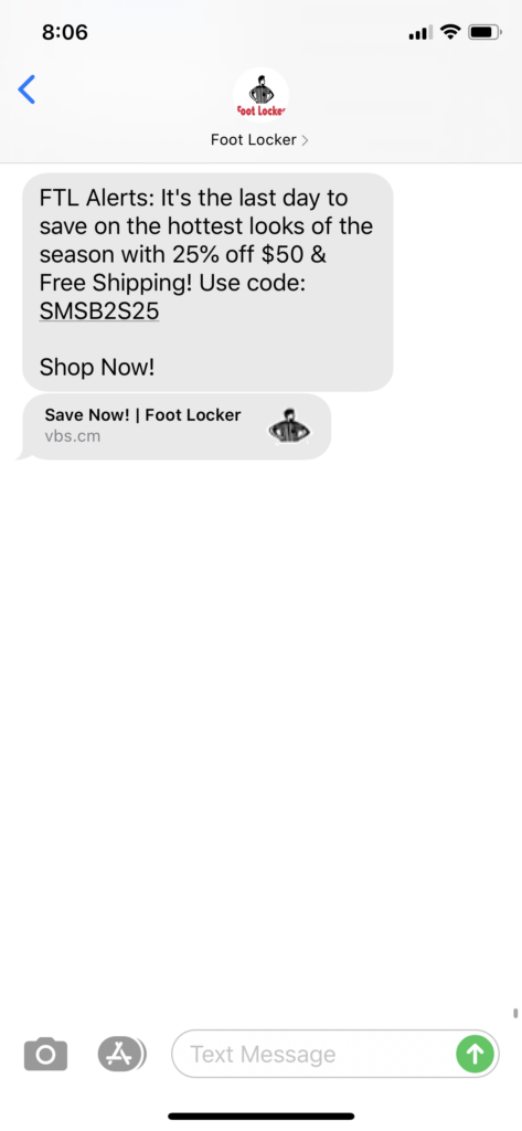 Foot Locker Text Message Marketing Example - 08.19.2020