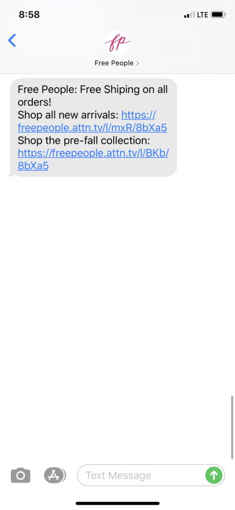 Free People Text Message Marketing Example - 08.04.2020