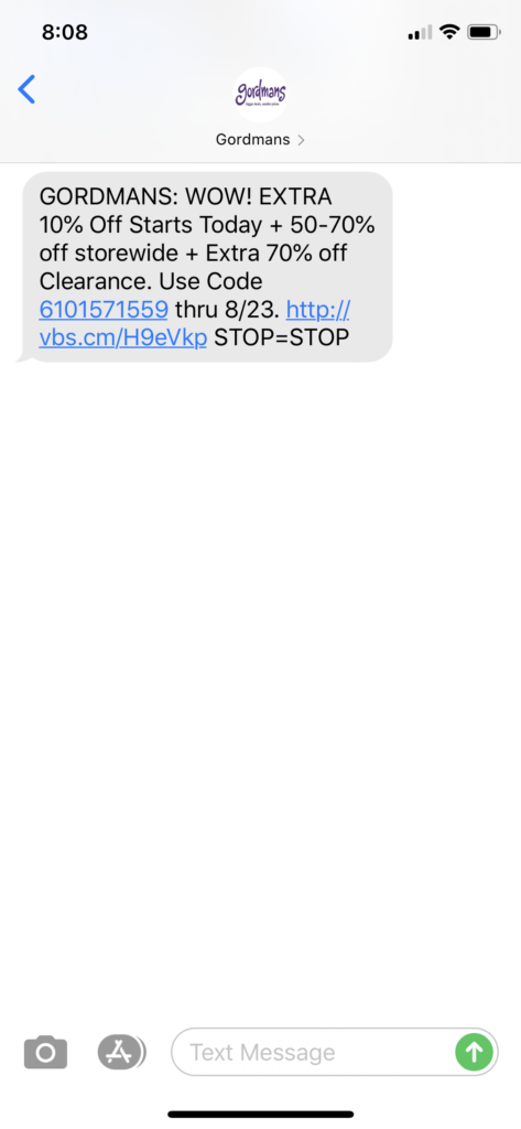 Gordmans Text Message Marketing Example - 08.19.2020