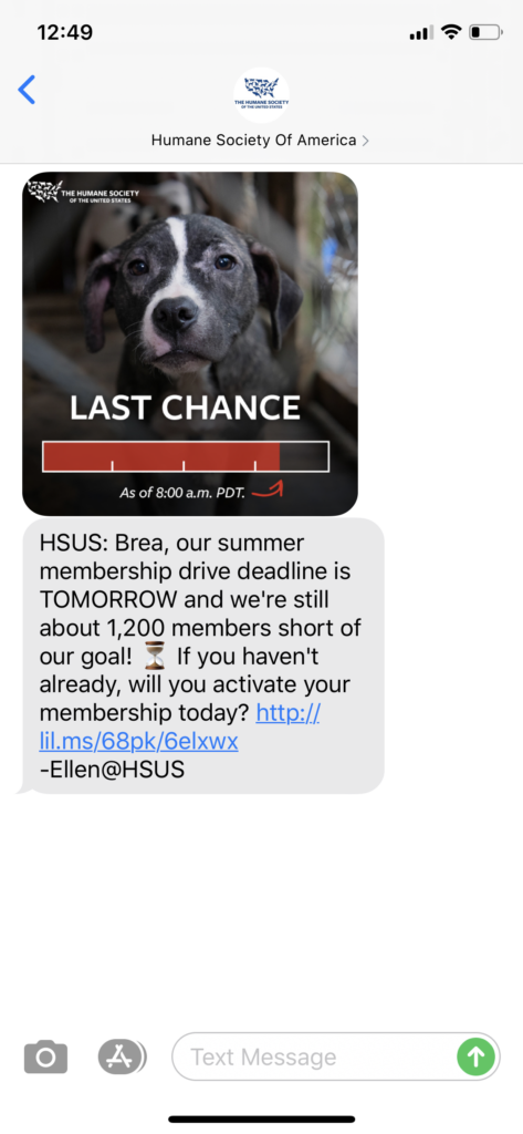 HSUS Text Message Marketing Example - 07.30.2020
