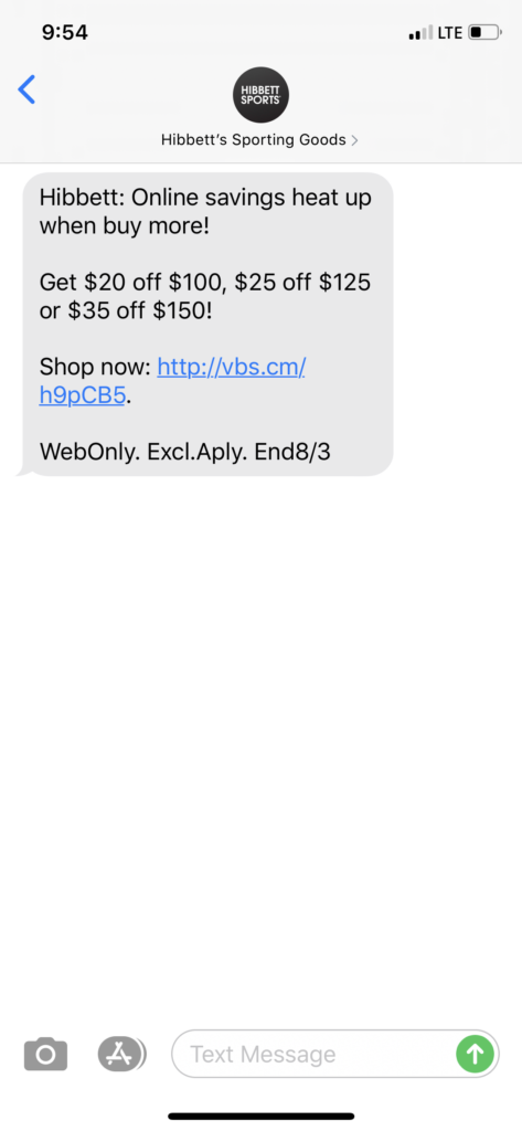 Hibbett’s Text Message Marketing Example - 08.02.2020