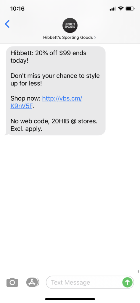 Hibbett’s Text Message Marketing Example - 08.18.2020