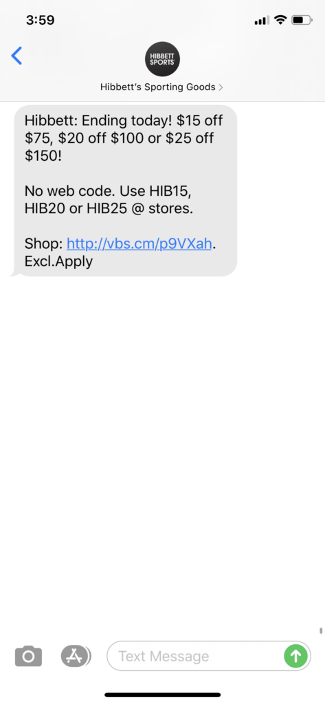 Hibbett’s Text Message Marketing Example - 08.25.2020
