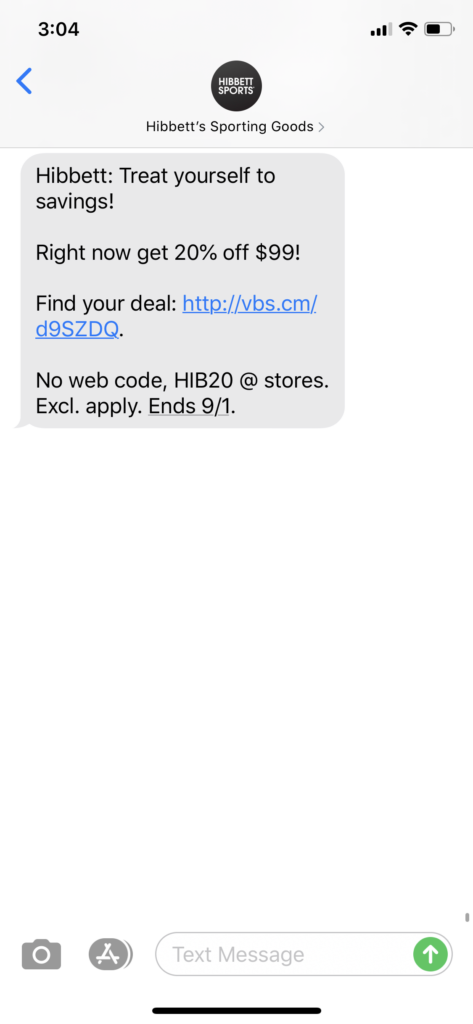 Hibbett’s Text Message Marketing Example - 08.28.2020