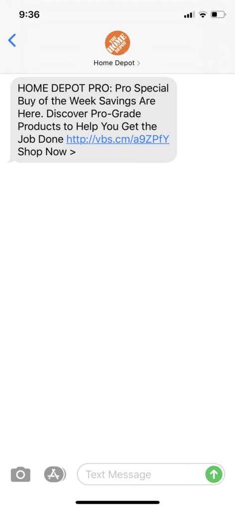 Home Depot Text Message Marketing Example - 08.03.2020