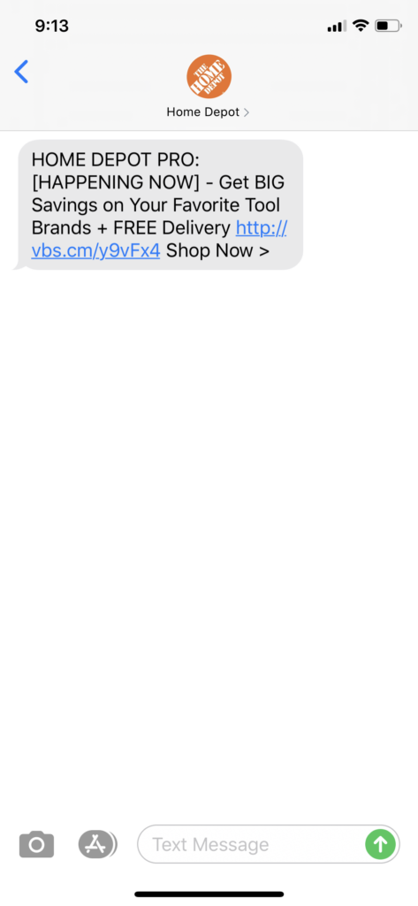 Home Depot Text Message Marketing Example - 08.10.2020